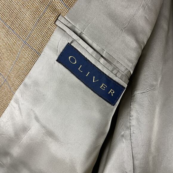 Vintage Oliver Wool Blazer Sport Coat Jacket Men 44L Tan Windowpane 3 Button - Picture 5 of 16